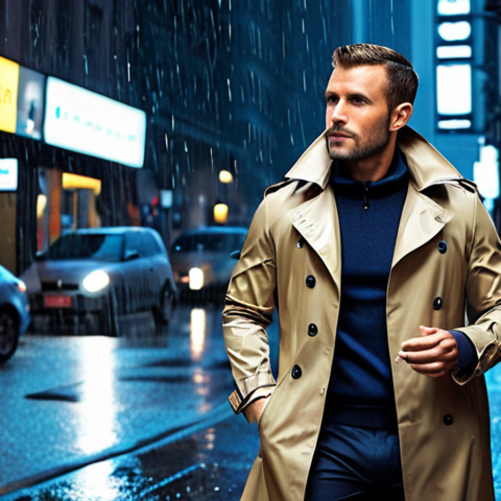 A stylish man, approximately 30-35 years old, wearing a well-fitted, modern raincoat (trench coat or sleek jacket style) in a sophisticated urban setting during a light rain. He appears confident and fashionable. The raincoat is in a classic color like navy blue, charcoal gray, or khaki, complementing his smart casual or formal attire underneath. Subtle raindrops are visible, reflecting city lights. The image conveys a blend of utility and contemporary style.