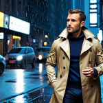 A stylish man, approximately 30-35 years old, wearing a well-fitted, modern raincoat (trench coat or sleek jacket style) in a sophisticated urban setting during a light rain. He appears confident and fashionable. The raincoat is in a classic color like navy blue, charcoal gray, or khaki, complementing his smart casual or formal attire underneath. Subtle raindrops are visible, reflecting city lights. The image conveys a blend of utility and contemporary style.