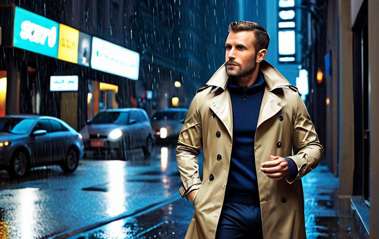 A stylish man, approximately 30-35 years old, wearing a well-fitted, modern raincoat (trench coat or sleek jacket style) in a sophisticated urban setting during a light rain. He appears confident and fashionable. The raincoat is in a classic color like navy blue, charcoal gray, or khaki, complementing his smart casual or formal attire underneath. Subtle raindrops are visible, reflecting city lights. The image conveys a blend of utility and contemporary style.