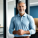 A confident professional adult man wearing a stylish, modern smart-casual outfit, featuring a well-fitted, wrinkle-resistant polo shirt in a muted tone and tailored performance fabric chinos. His attire emphasizes comfort and style, suitable for a dynamic work environment. He is standing in a brightly lit, contemporary hybrid office space, with a blurred background suggesting collaborative workspaces and private video call booths. Natural light streams in through large windows. Perfect anatomy, correct proportions, natural pose, well-formed hands, proper finger count, natural body proportions, fully clothed, modest clothing, appropriate attire, professional dress, safe for work, appropriate content, high-resolution, detailed, cinematic lighting, professional photography.