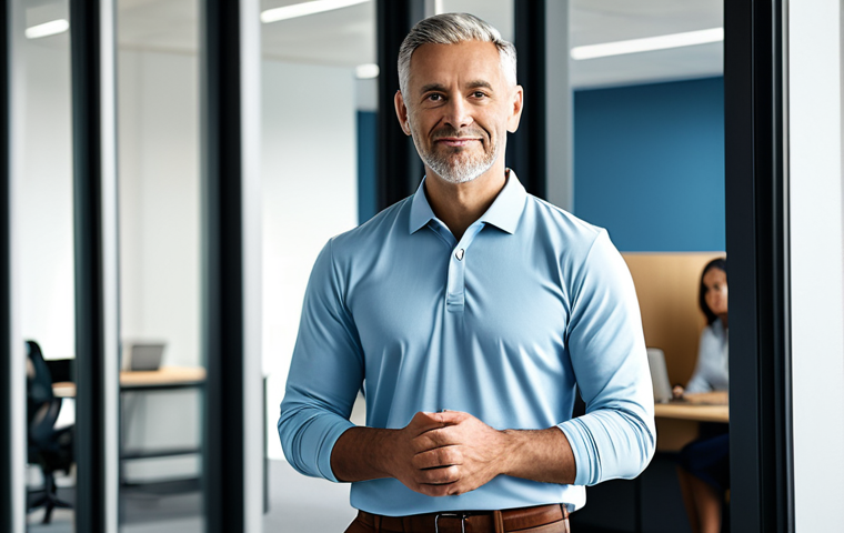 A confident professional adult man wearing a stylish, modern smart-casual outfit, featuring a well-fitted, wrinkle-resistant polo shirt in a muted tone and tailored performance fabric chinos. His attire emphasizes comfort and style, suitable for a dynamic work environment. He is standing in a brightly lit, contemporary hybrid office space, with a blurred background suggesting collaborative workspaces and private video call booths. Natural light streams in through large windows. Perfect anatomy, correct proportions, natural pose, well-formed hands, proper finger count, natural body proportions, fully clothed, modest clothing, appropriate attire, professional dress, safe for work, appropriate content, high-resolution, detailed, cinematic lighting, professional photography.