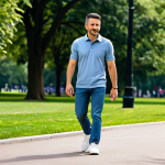 A man in a fully clothed knit polo shirt, jeans, and sneakers walking in a park. Safe for work, appropriate content, professional photography, natural pose, perfect anatomy, well-formed hands, family-friendly, daytime setting.