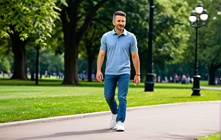 A man in a fully clothed knit polo shirt, jeans, and sneakers walking in a park. Safe for work, appropriate content, professional photography, natural pose, perfect anatomy, well-formed hands, family-friendly, daytime setting.