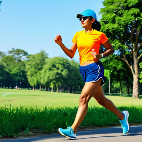 Active Woman in Running Gear**

A fit Indian woman jogging on a sunny morning in a park. She is wearing modest, breathable sportswear: a brightly colored athletic t-shirt and running shorts. She has a cap on and sunglasses. The background is lush green trees and a clear blue sky. Perfect anatomy, correct proportions, natural pose, well-formed hands, proper finger count. Safe for work, appropriate content, fully clothed, professional, modest, family-friendly.

**