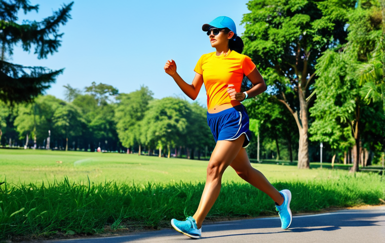 Active Woman in Running Gear**
A fit Indian woman jogging on a sunny morning in a park. She is wearing modest, breathable sportswear: a brightly colored athletic t-shirt and running shorts. She has a cap on and sunglasses. The background is lush green trees and a clear blue sky. Perfect anatomy, correct proportions, natural pose, well-formed hands, proper finger count. Safe for work, appropriate content, fully clothed, professional, modest, family-friendly.
**