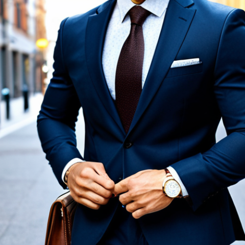 **

"A well-dressed man, perfect anatomy, appropriate attire, in a modern, stylish city street, fully clothed, safe for work. He's wearing a well-fitting, dark-colored suit with a light-colored dress shirt, and fashionable accessories. Focus on showcasing how clothing fit and color choices enhance his appearance, natural pose, high quality, professional."

**