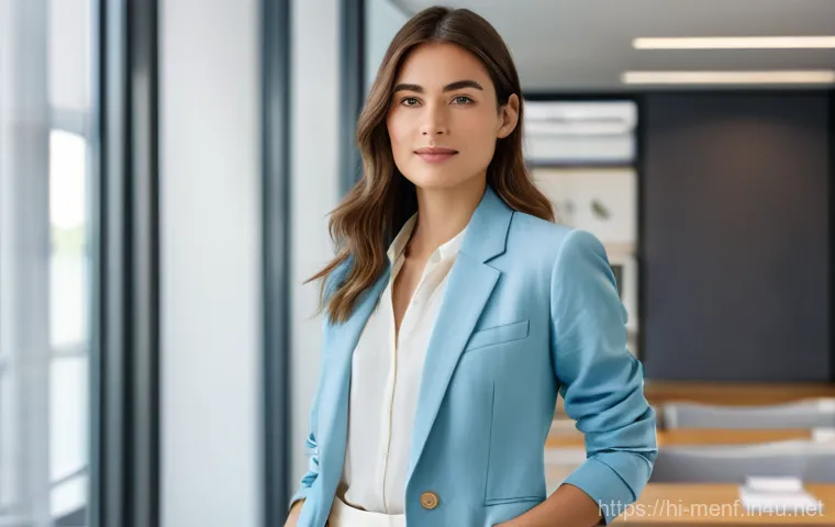 포멀웨어 스타일 가이드 - **Prompt:** "A young professional woman in her late 20s, with a confident expression, standing in a ...