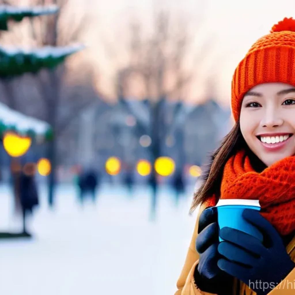 겨울 방한 아이템 추천 - **Prompt:** A young, stylish woman in her early 20s, with a warm and friendly smile, walking through...