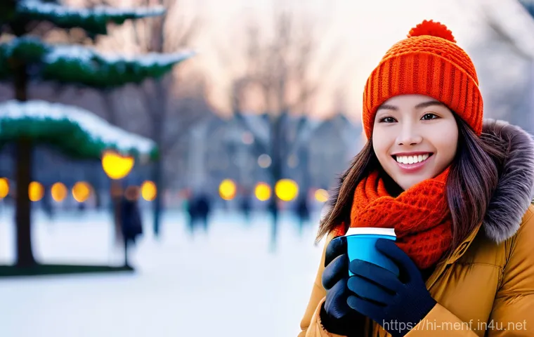 겨울 방한 아이템 추천 - **Prompt:** A young, stylish woman in her early 20s, with a warm and friendly smile, walking through...