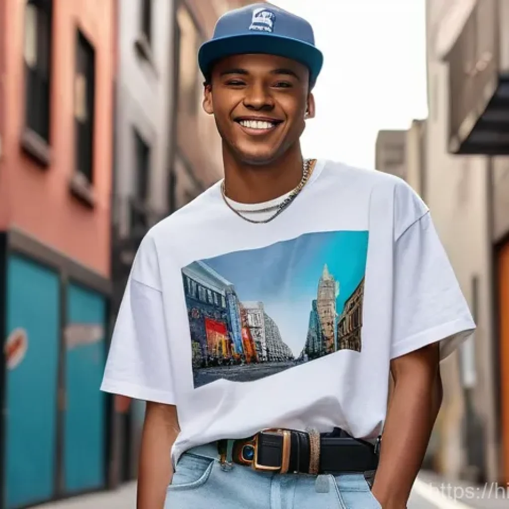 남성용 청바지 트렌드 - A joyful young man, appearing to be in his early twenties, is casually strolling through a vibrant, ...