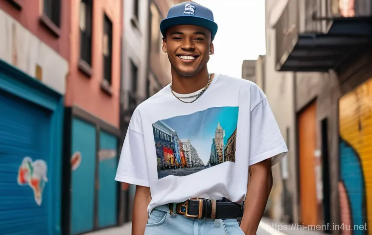 남성용 청바지 트렌드 - A joyful young man, appearing to be in his early twenties, is casually strolling through a vibrant, ...