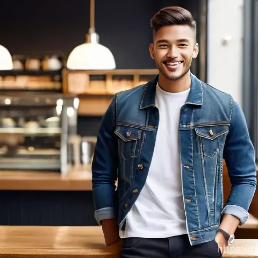 남성용 베스트 브랜드 - "A stylish young man, in his early 20s, with a warm and confident smile, standing comfortably in a w...