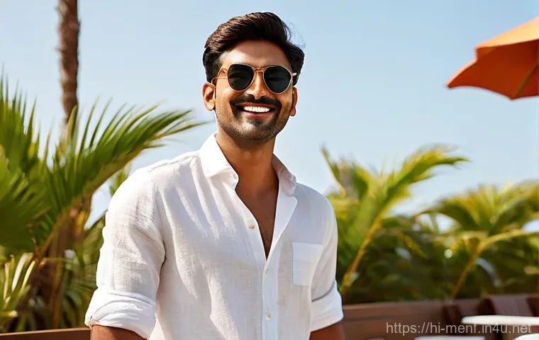 남성 여름 화이트 패션 - **Prompt for a Casual Summer Vibe:**
    "A handsome Indian man in his late 20s, with a gentle smile...