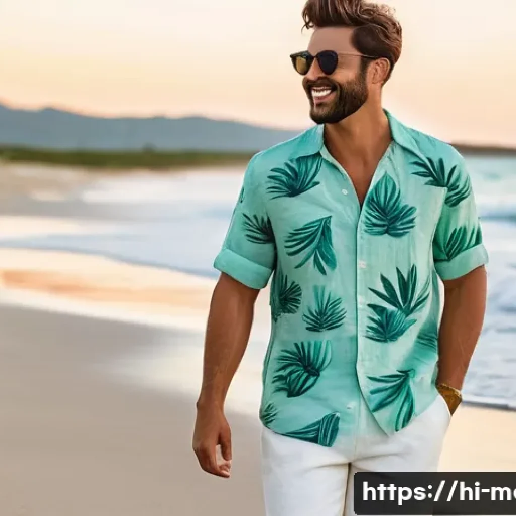여름 남성 반팔 셔츠 - **Linen Casual Beach Vibe**
    "A fully clothed, smiling man in his late 20s, with a relaxed and ha...