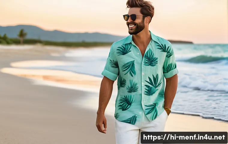 여름 남성 반팔 셔츠 - **Linen Casual Beach Vibe**
    "A fully clothed, smiling man in his late 20s, with a relaxed and ha...