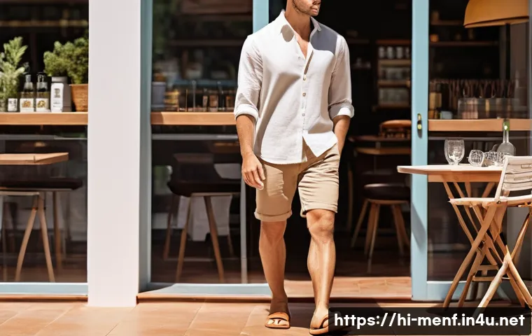 남성 여름 슬리퍼 추천 - **Prompt:** A stylish man in his late 20s, casually dressed in a light linen shirt and tailored shor...