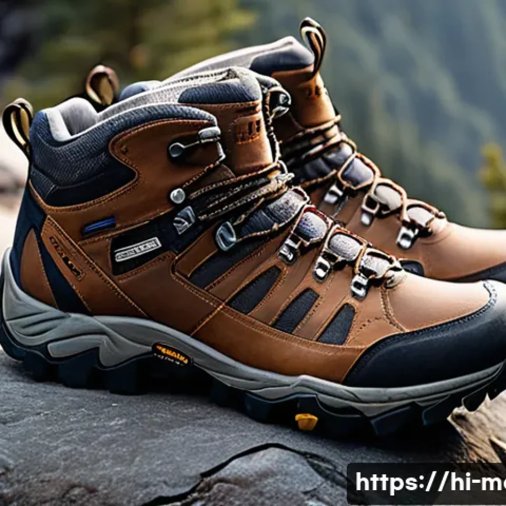 남성용 하이킹 부츠 추천 - A detailed close-up of a pair of hiking boots designed for rugged mountain terrain, featuring premiu...