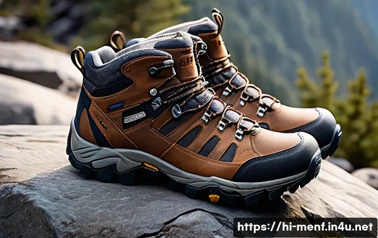 남성용 하이킹 부츠 추천 - A detailed close-up of a pair of hiking boots designed for rugged mountain terrain, featuring premiu...