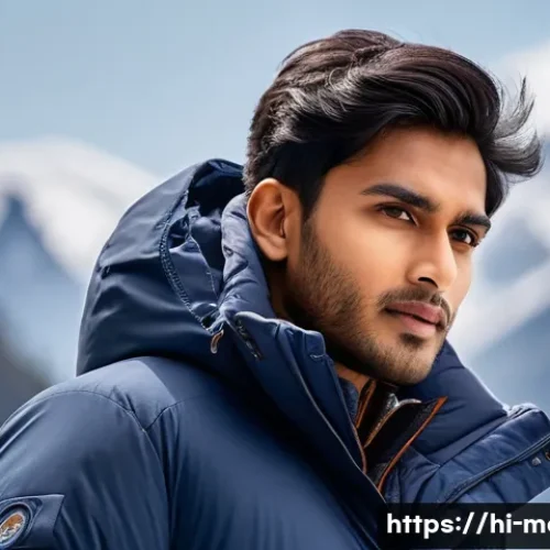 겨울 남성 다운재킷 추천 - A stylish winter scene featuring a young Indian man wearing a premium-quality down jacket filled wit...