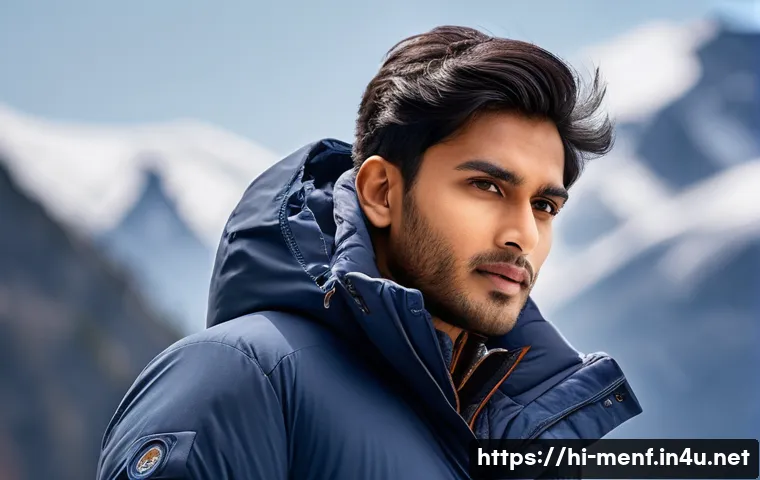 겨울 남성 다운재킷 추천 - A stylish winter scene featuring a young Indian man wearing a premium-quality down jacket filled wit...