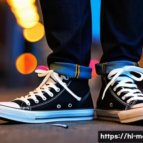 운동화 끈 묶는 스타일 - A close-up, highly detailed image of casual sneakers featuring ladder lacing with bright, mixed-colo...