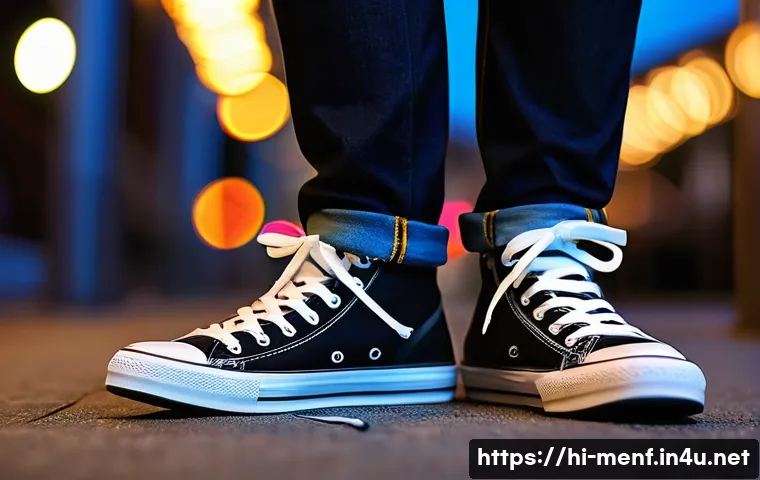 운동화 끈 묶는 스타일 - A close-up, highly detailed image of casual sneakers featuring ladder lacing with bright, mixed-colo...