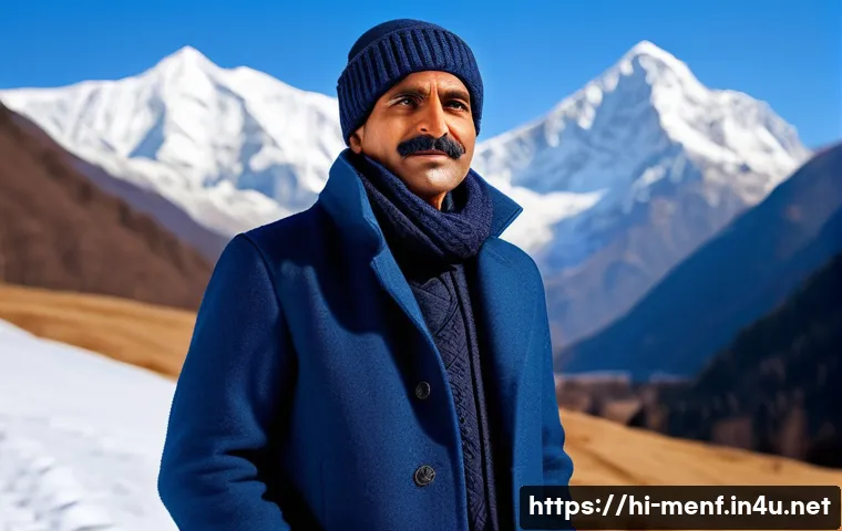 겨울 남성 방한복장 - A middle-aged Indian man dressed in a layered winter outfit suitable for cold weather in northern In...