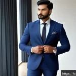 Home 19 남성용 정장 팬츠 핏 - A professional Indian man with a slim body type wearing perfectly tailored navy blue slim-fit suit p...
