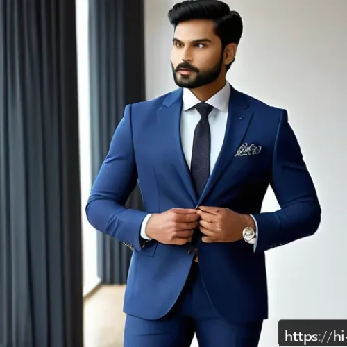 Home 31 남성용 정장 팬츠 핏 - A professional Indian man with a slim body type wearing perfectly tailored navy blue slim-fit suit p...