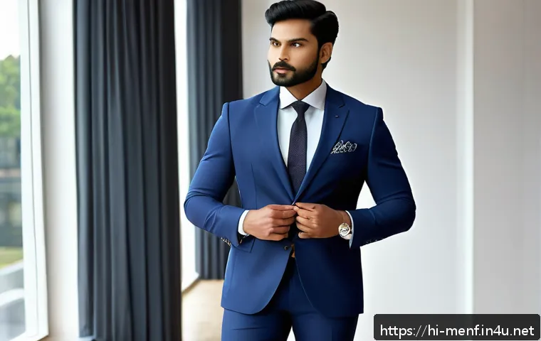 남성용 정장 팬츠 핏 - A professional Indian man with a slim body type wearing perfectly tailored navy blue slim-fit suit p...