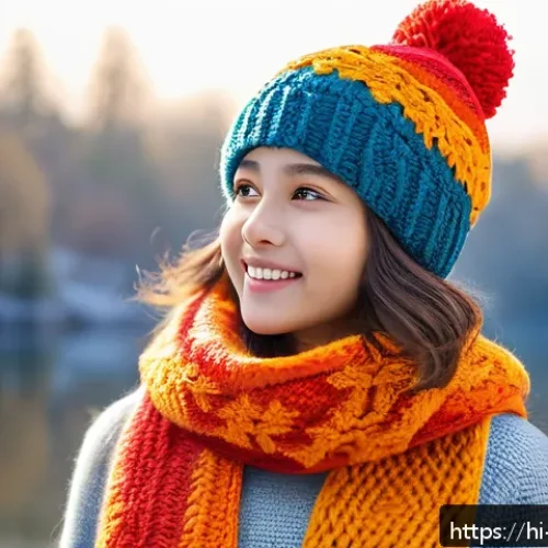 Home 30 겨울 방한모자 스타일 - A cozy winter scene featuring a young adult wearing a handmade woolen winter hat in vibrant warm col...