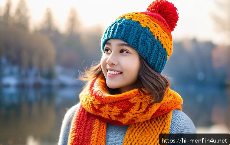 겨울 방한모자 스타일 - A cozy winter scene featuring a young adult wearing a handmade woolen winter hat in vibrant warm col...