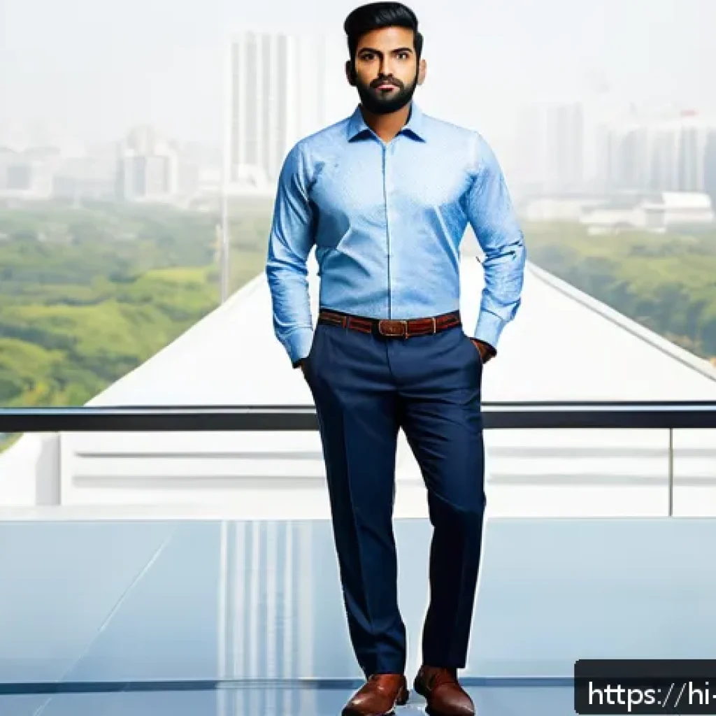 남성 바지 기장 조정법 - A professional Indian man standing confidently in an office environment, wearing neatly pressed form...