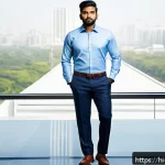 Home 23 남성 바지 기장 조정법 - A professional Indian man standing confidently in an office environment, wearing neatly pressed form...