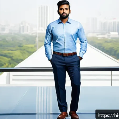 Home 17 남성 바지 기장 조정법 - A professional Indian man standing confidently in an office environment, wearing neatly pressed form...