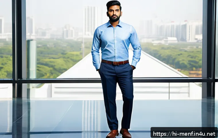 남성 바지 기장 조정법 - A professional Indian man standing confidently in an office environment, wearing neatly pressed form...