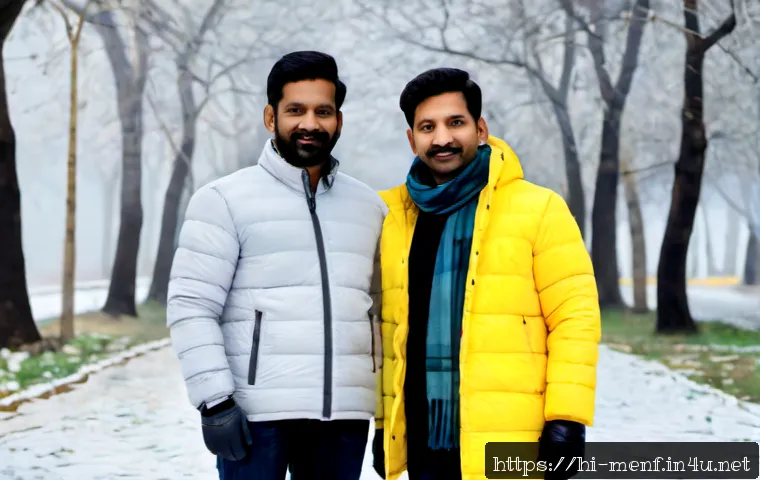 Home 17 겨울 아우터 보온성 비교 - Photorealistic winter outerwear warmth comparison, two adult South Asian men standing side by side o...