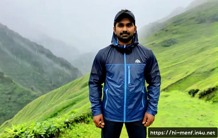 남성용 방수 재킷 - Photorealistic outdoor product lifestyle scene of an Indian man in his 30s wearing a plain dark blue...