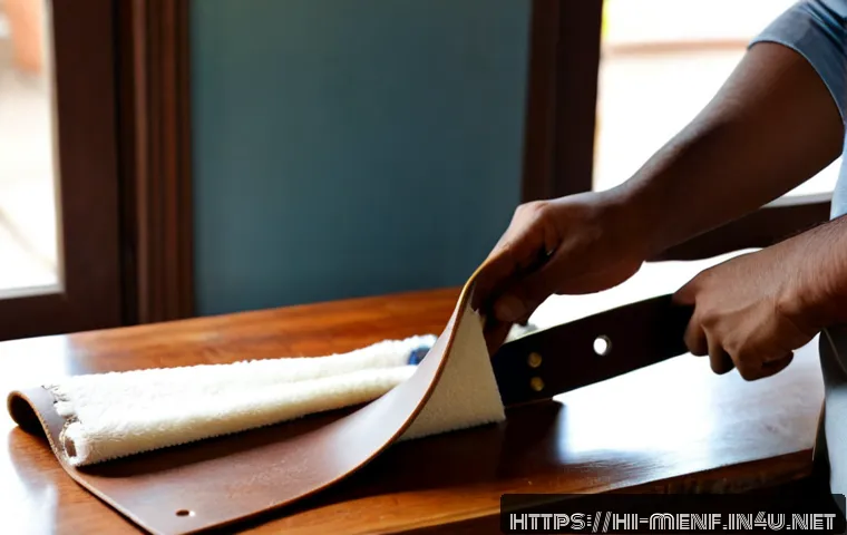 가죽 벨트 관리법 - Photorealistic close-up of an Indian adult carefully applying neutral leather conditioner to a brown...